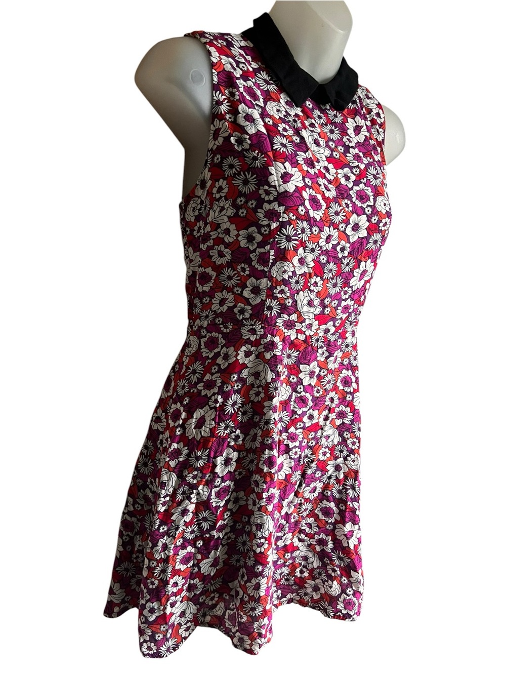 Retro Floral Fit-and-Flare Mini Dress with Black Peter Pan Collar Mod Coquette